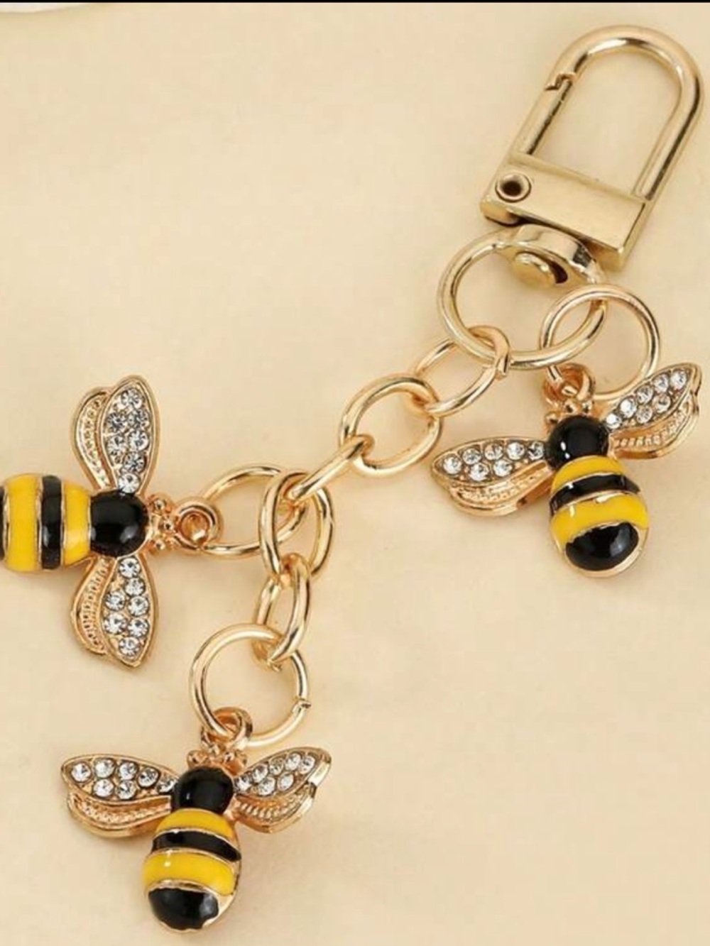 Bee Charm bag charm/ Keychain with Gold-Tone Chain and Rhinestone Wings